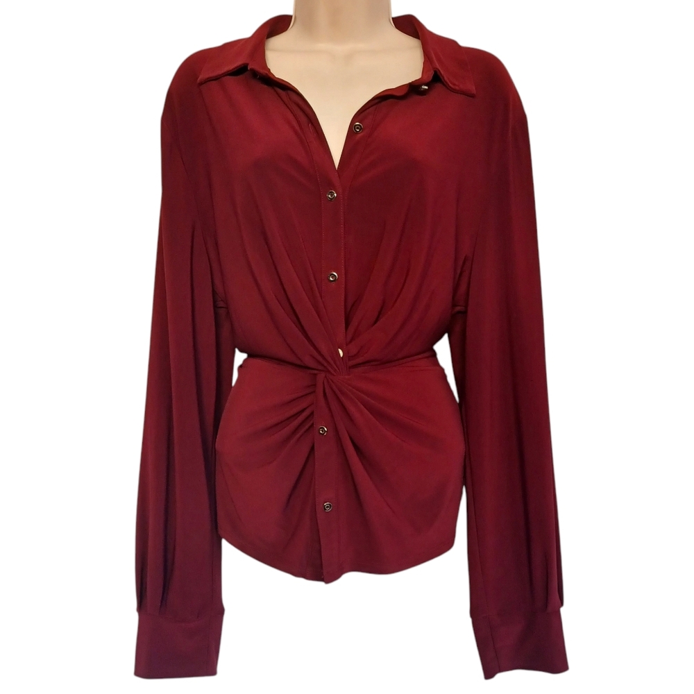 AUW Burgundy Red Gold Button Front Ruching Front Twist Long Sleeve Stretchy Top